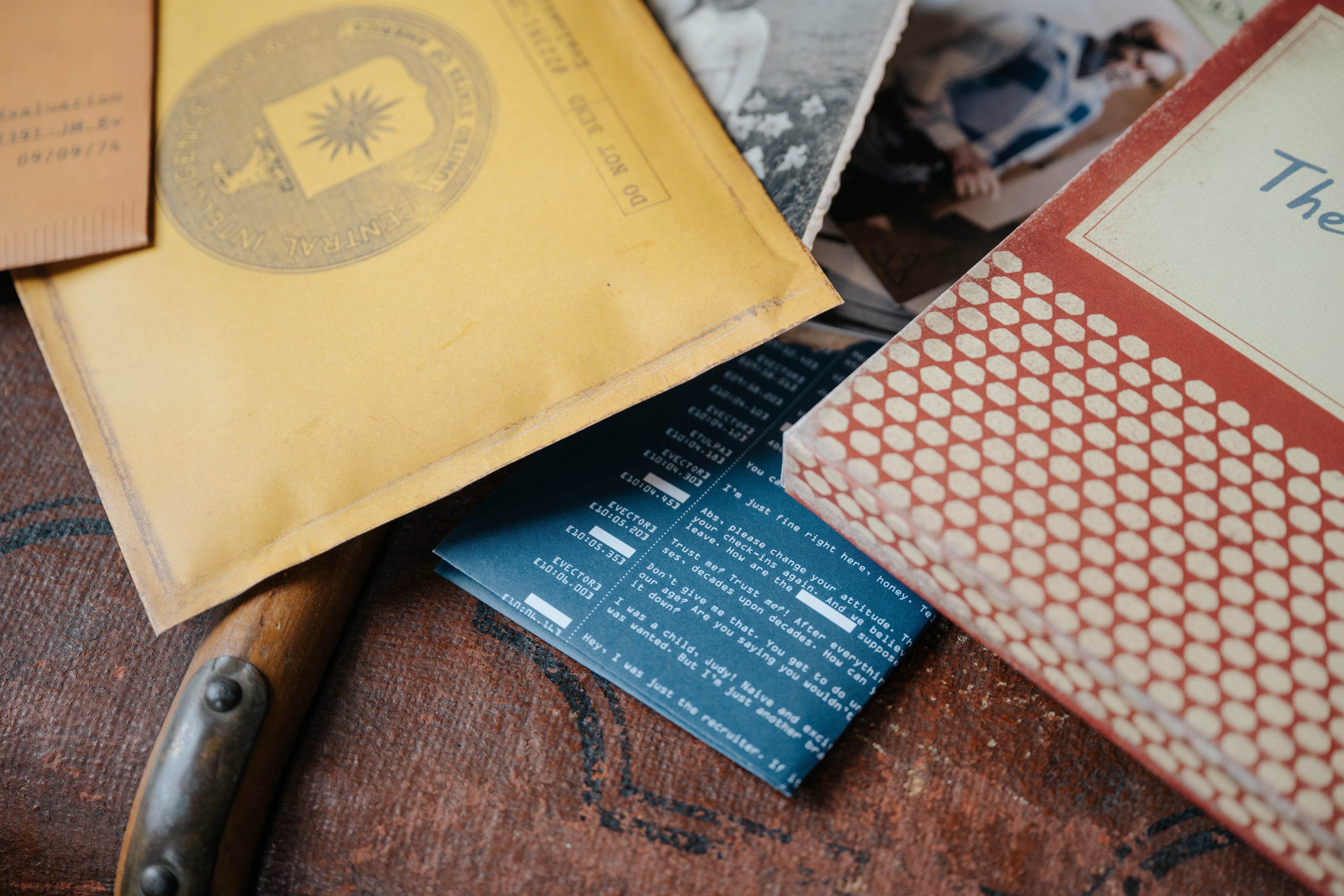 Close-up of evidence and documents from The Medusa Report mystery game