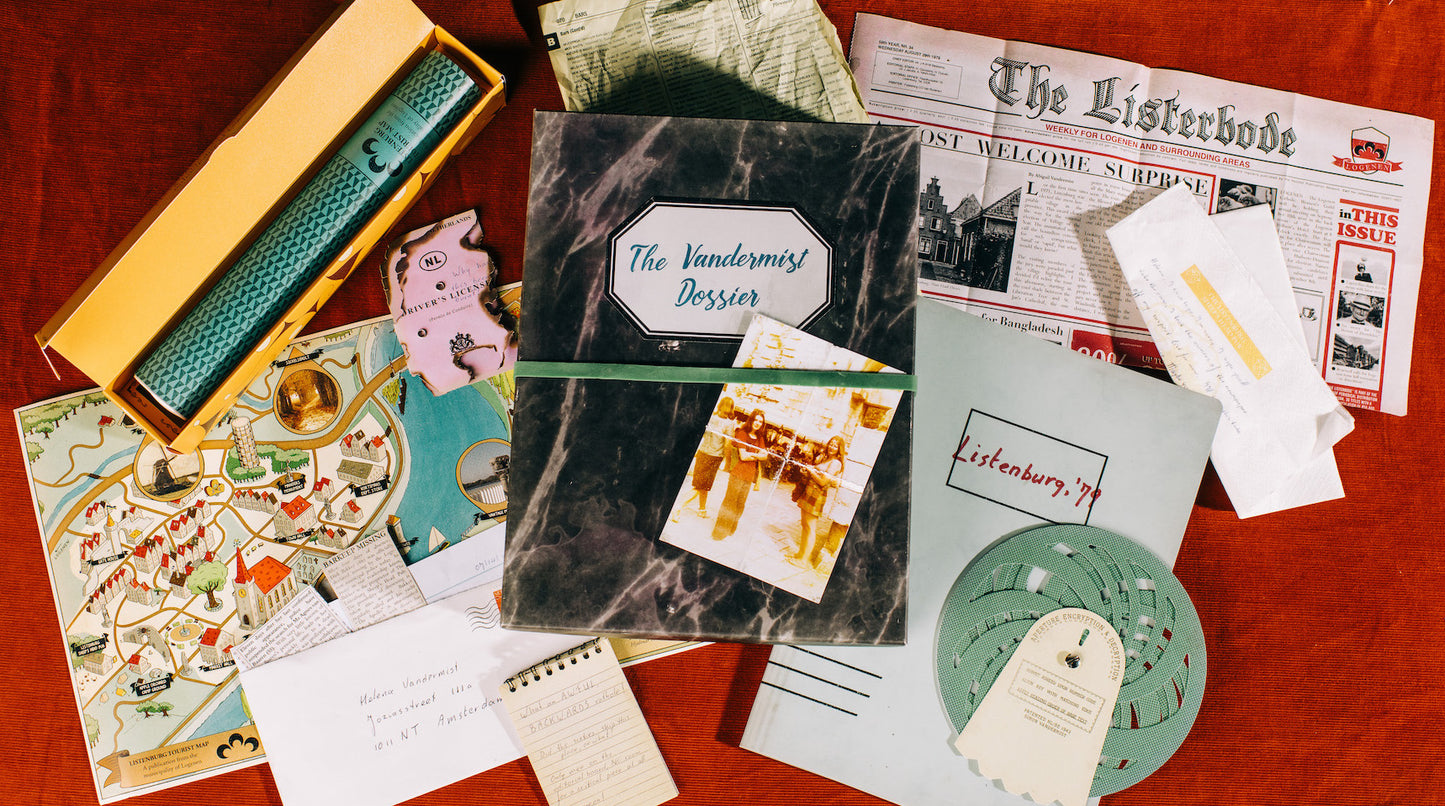 Two people playing The Vandermist Dossier mystery game together at home