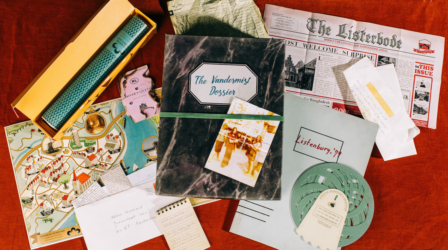 Two people playing The Vandermist Dossier mystery game together at home